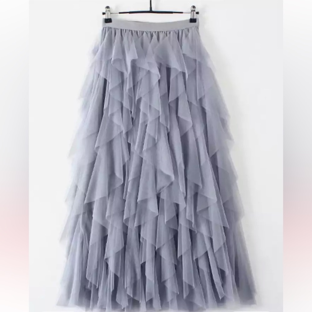 Grey ruffle tulle midi skirt medium NWT